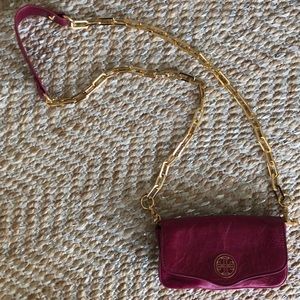 Tory Burch Raspberry and Gold Cross Body Bag